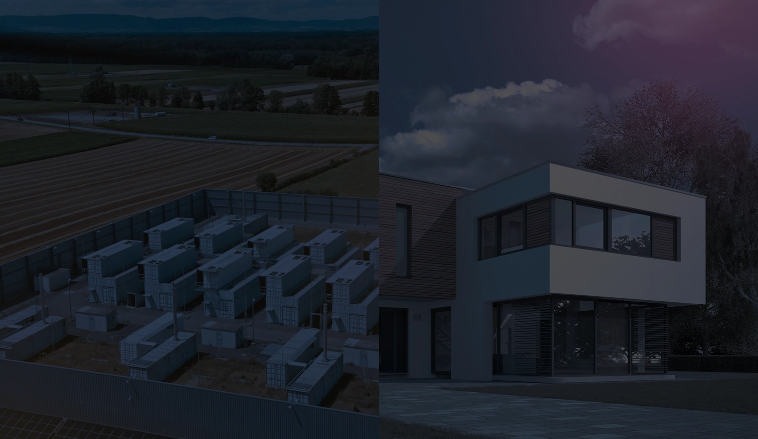 Zur linken ein industrieller Beukomplez. Zur linken ein modernes Haus